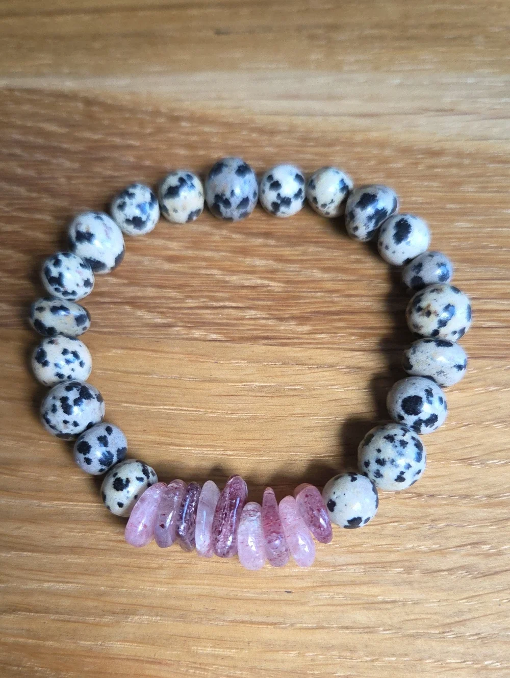Dalmatian Jasper & Strawberry Quartz Beaded Stretch Bracelet | Handmade